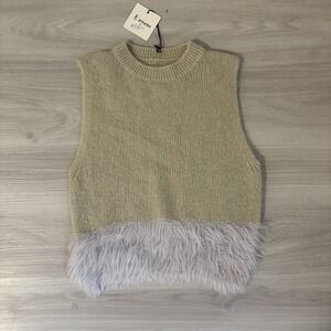 Elegance Knit Sweater Vest Women Faux Fur Trim Lavender Sleeveless Crew Neck NWT